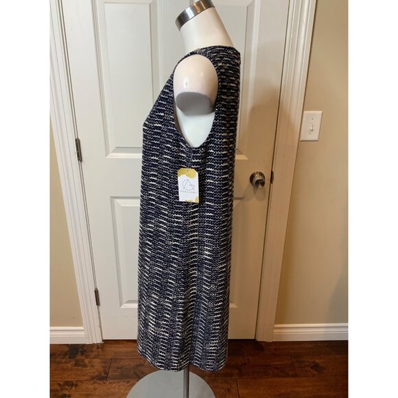 St. John Black Label Navy Blue & White Tweed Knit Sleeveless Shift Dress Size 10 - Picture 3 of 5